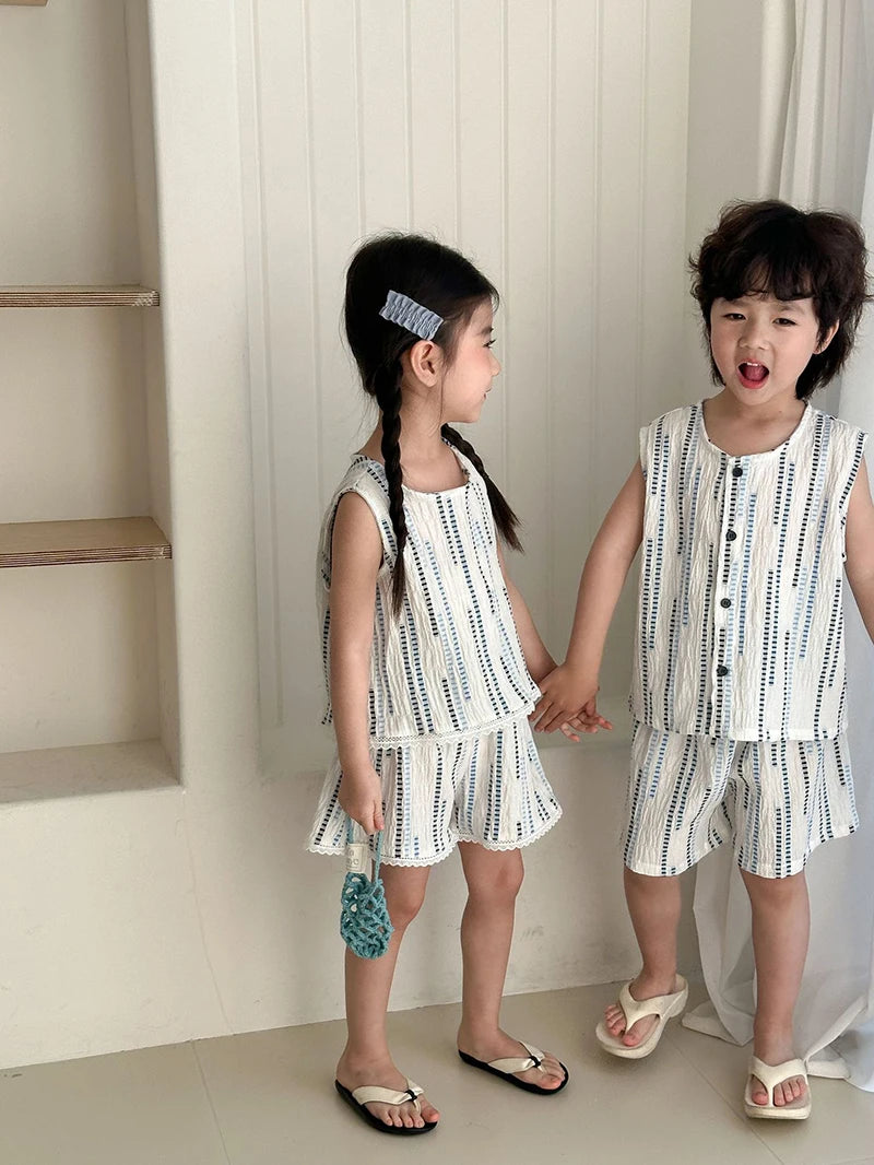 Summer Children's Vest Set Girls Lace Top Suit Kids Embroidered Striped Tank Top and Shorts 2Pcs Boys Casual Suit Sibling Outfit