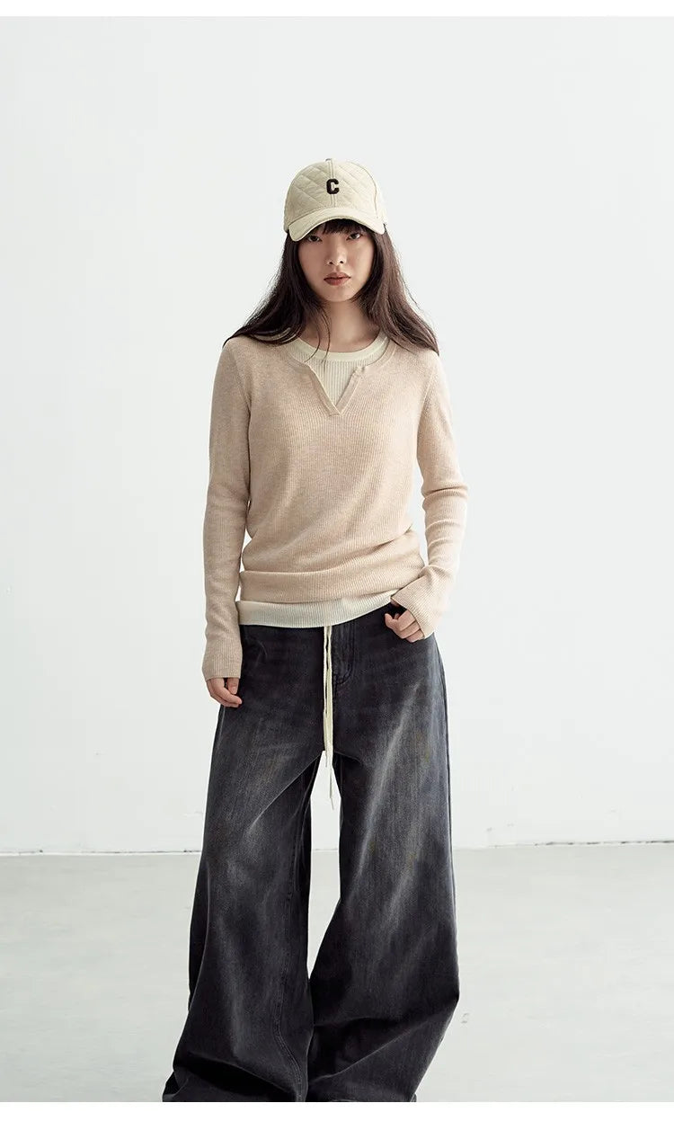Super Comfortable to Wear~ 2025 Autumn and Winter New Style Faux Two-Piece Knit Sweater for Women, High-End Wool Sweater Top