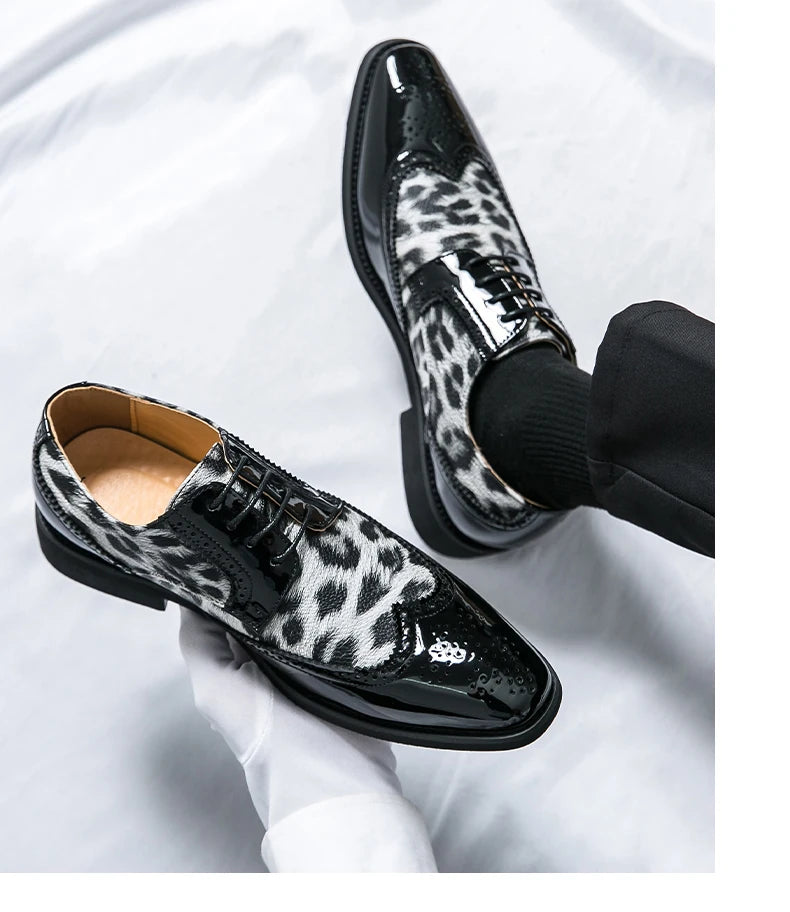 2025 Fashion Leopard Dress Shoes Man Pointed-Toe Lace-up Luxury Man Comfortable Leather Shoes For Men Plus Size 48 Oxford shoes