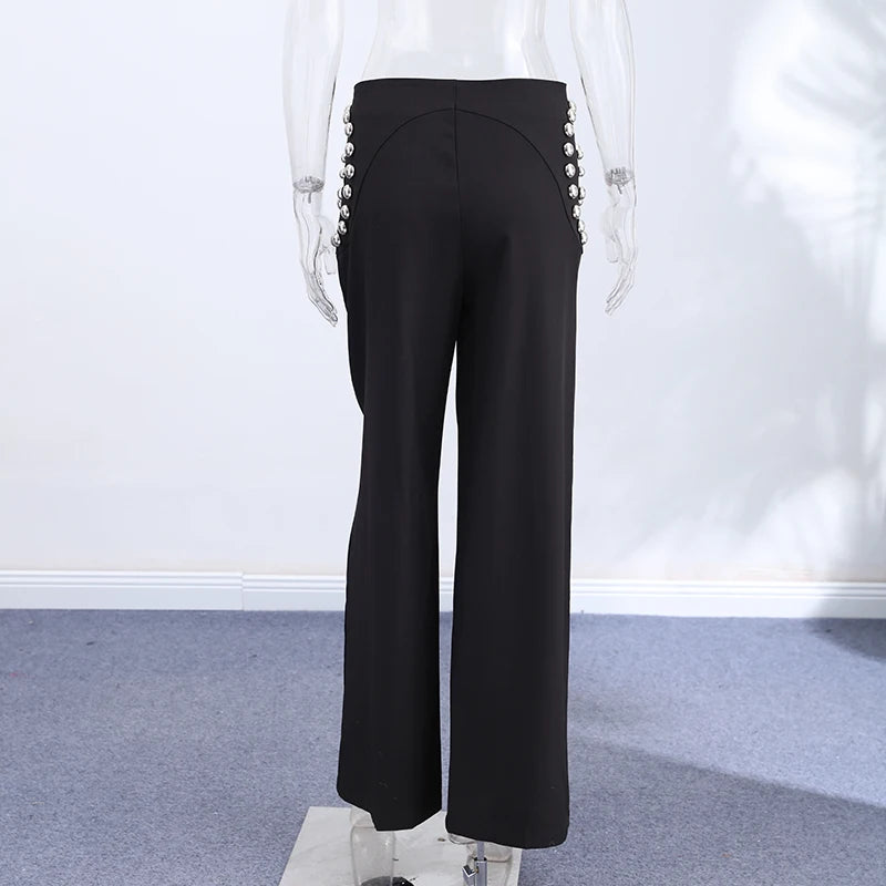 Studs Women Pants Solid Color Pants with Spiral Arranged Studs High Waist Straight Leg Pants Stylish Ladies Outfit  Street Style