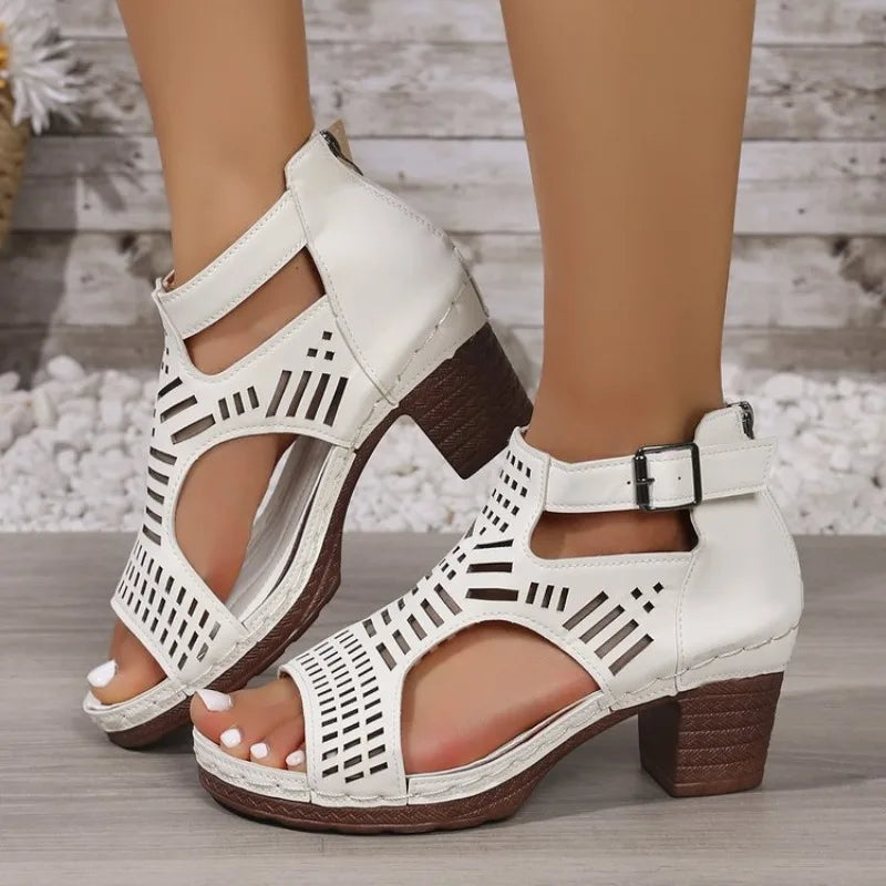 Sandals for Women 2026 New Thick Heeled Sandals Summer Breathable Hollow Out Sandals for Women Retro High Heels Roman Sandalias