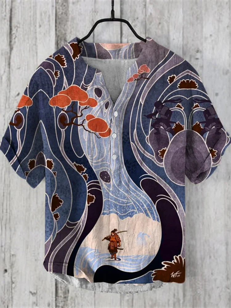 2025 New men's Linen short-sleeved Shirt Fashion Casual Printed Tops European And American Popular Style men's Clothing