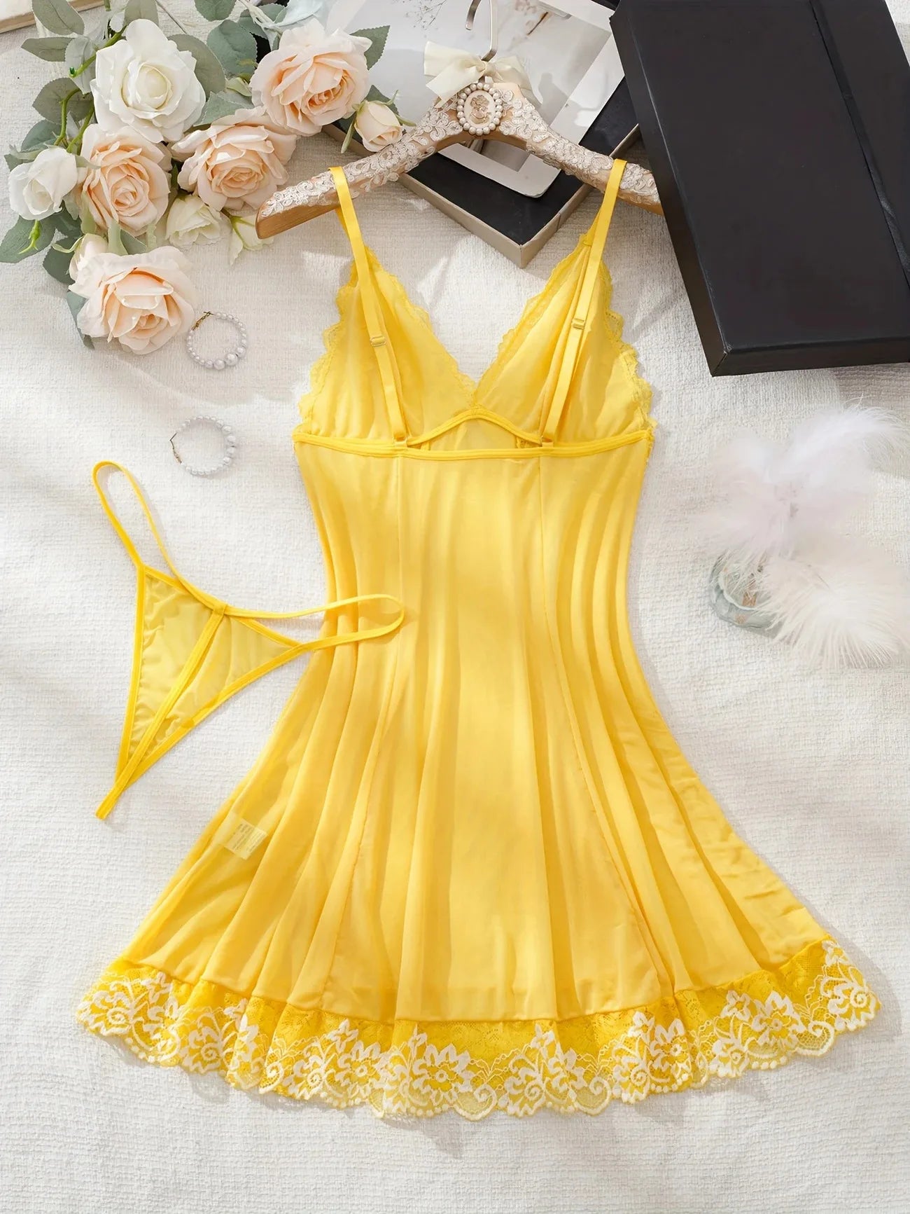 2 Piece Transparent Set Lace Bra Slim Nightgown Set With Thong Erotic Lingerie Pajamas Plus Size Porno Night Dress Sexy Babydoll
