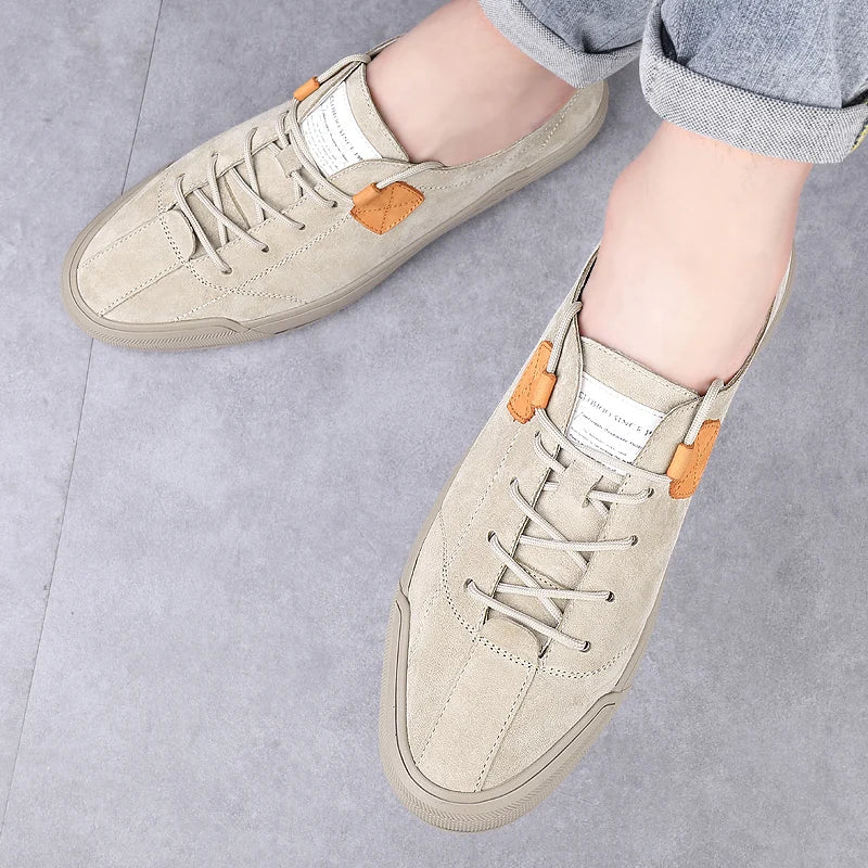 New Soft-Soled Mens Vulcanized Shoes Suede Leather Men Sneakers Fashion Lace-up Solid Shoes Rubber Flats Spring Man Casual Shoes
