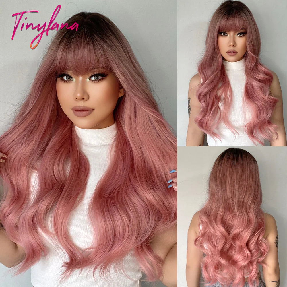 Long Wavy Silver Ash Ombre Cosplay Synthetic Wigs Natural Curly Gray Black Hair Wig with Bangs for Women Afro Heat Resistant