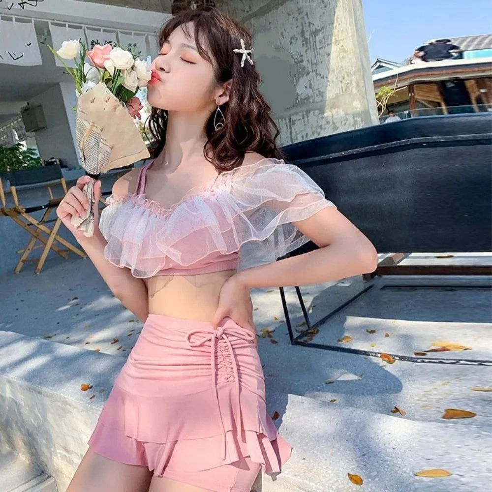Slim Fit A-line Skirt Swimsuit Puff Ruffle Off Shoulder Lace Ruffled Bathing Suit Beachwear Two Pieces Set Swimwear Swimming
