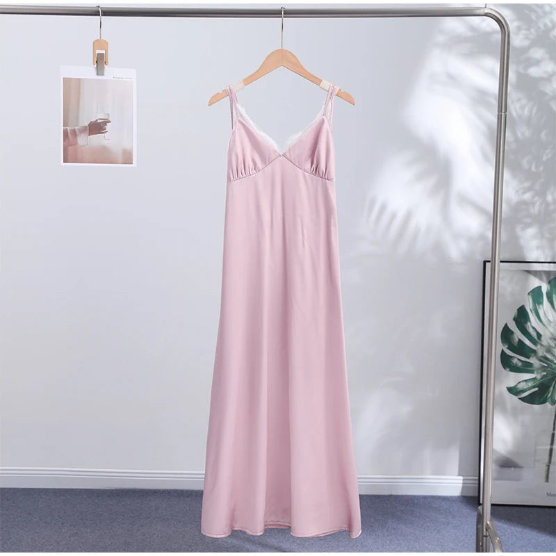 Summer Satin Lace Spliced Long Dress Women V Neck Sleeveless Waist Cinching Strap Dresses 2026 Lady Casual Solid Party Robe