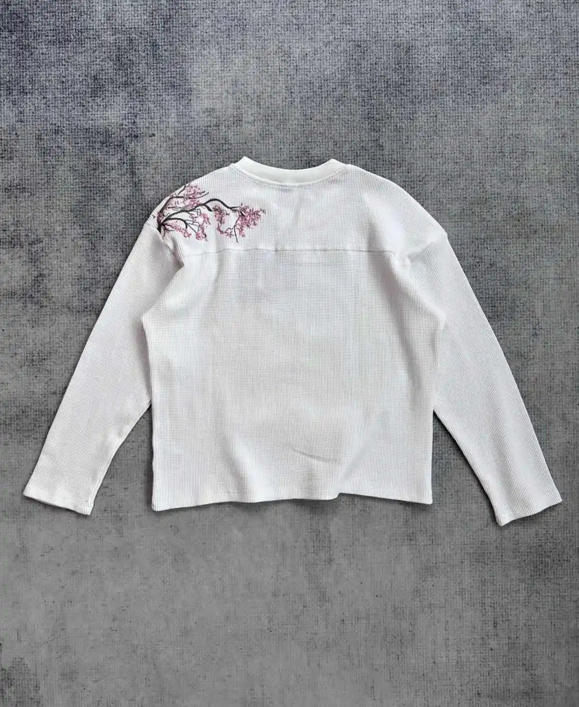 Deeptown White Cherry Blossom Embroidery Man Women T-Shirts Long Sleeve Oversized Waffle Tees Basic Harajuku Casual Streetwear