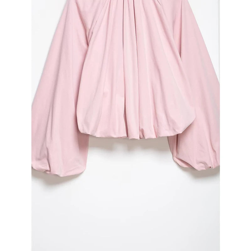 YENKYE New 2026 Women Pink Puff Sleeve Pleated Bomber Jacket Front Zipper Casual Loose Crop Coat