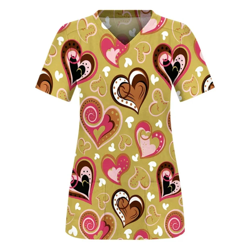 Tops Women Scrub Nurse Print Short Sleeve Cartoon V-Neck Tops Working T-Shirts Heart Print Healthcare Tunic Carers Workwear Tops