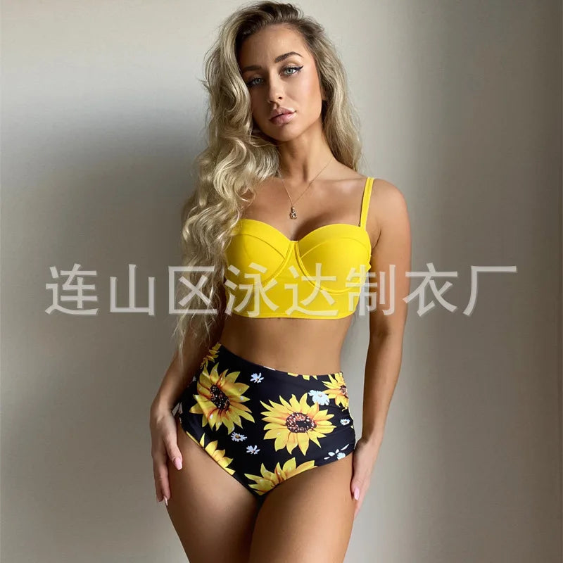 Sexy High-Waist Bikini Split Swimsuit Hard Baggy Two-Piece Swimming Suit Trendy Poolwear Beachwear Comfortable Supportive