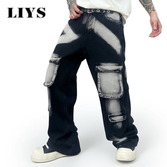 Trousers Streetwear Aesthetic Men's Jeans Tie Dye Man Cowboy Pants Wide Leg Hip Hop Goth Soft Cotton Original Multi Bag Jeans