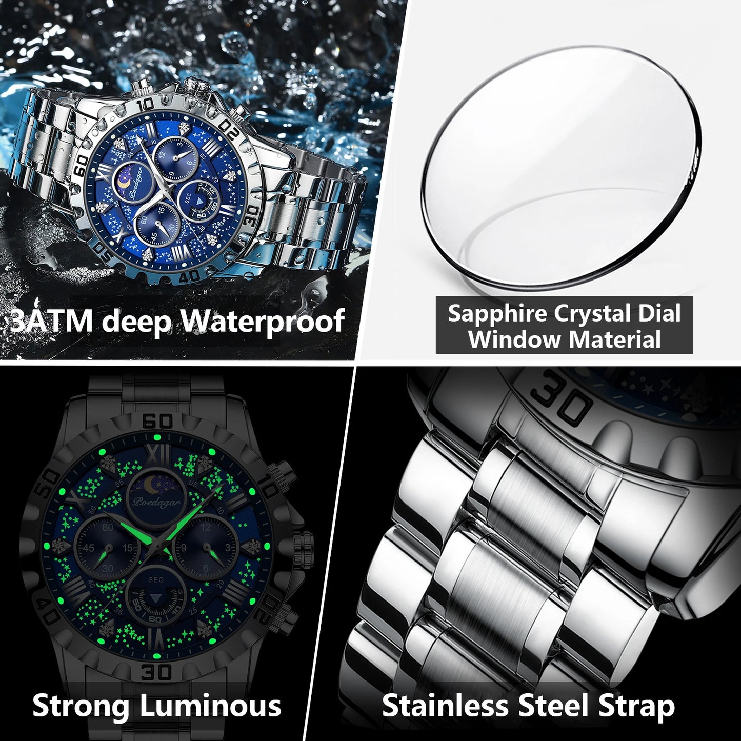 POEDAGAR Trendy Men Watch Chronograph Waterproof Luminous Stainless Steel Man Wristwatch Luxury Business Quartz Watches For Men