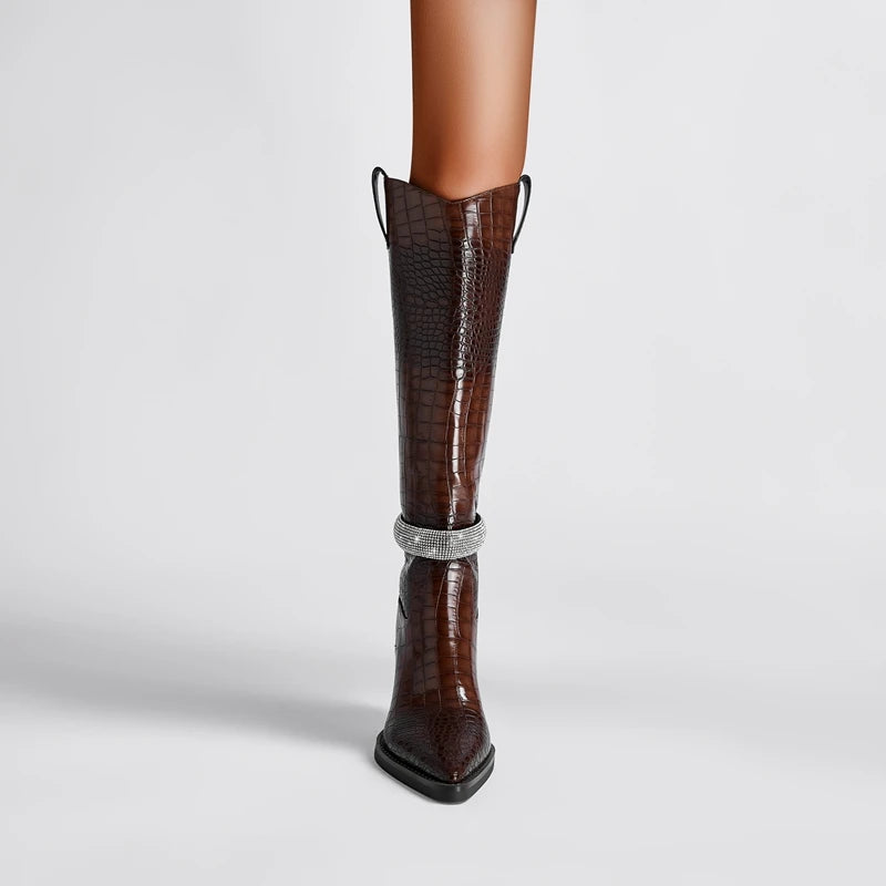 Kaky's New Water Diamond Pointed Thick High Heels Oversized Women's Boots Long Boots High Barrel Boots Western Boots 44 45 46