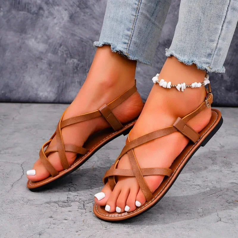 New Round Toe Open Toe Thin Strap Metal Buckle One Strap Sandals Summer Soft Sole Anti-slip Wear-resistant Flats