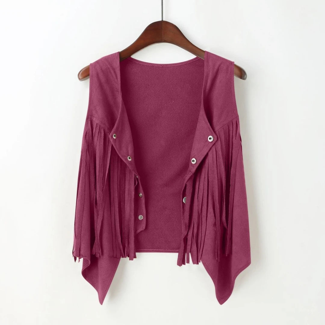 Women Faux Suede Ethnic Sleeveless For Jacket Rivet Fringe Tassels Hippie Open Front Cardigan Vintage Cowgirl Waistcoat Vest