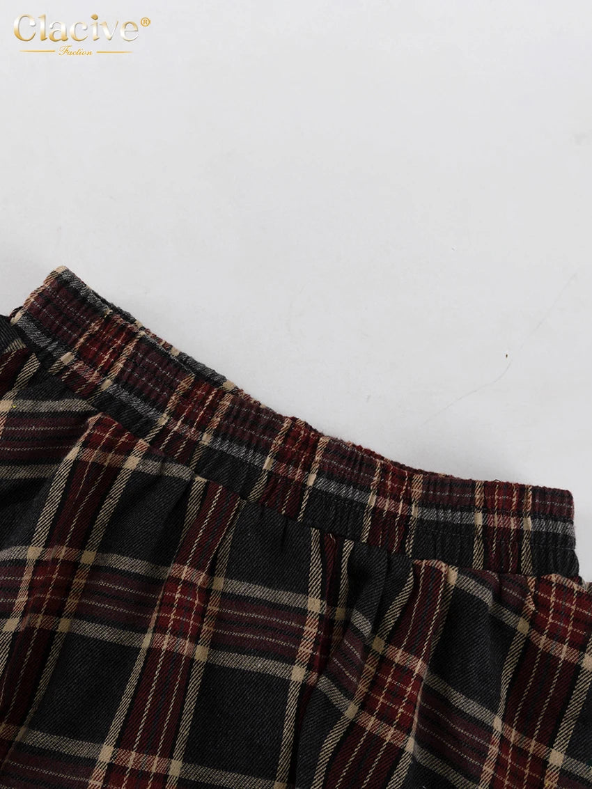 Clacive Fashion Loose Plaid 2 Piece Sets Women Outfit 2025 Elegant Long Sleeve Blouse With High Waist Pleated Mini Skirt Set