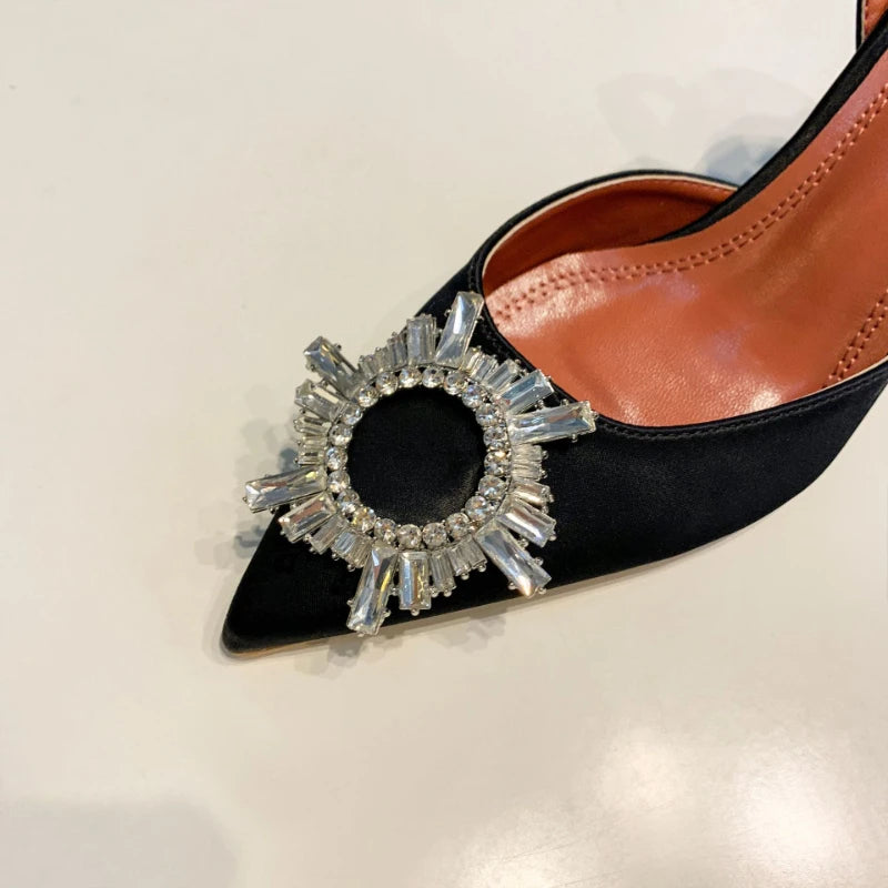 Large 43 Blue Women's High Heels Silk Satin Pointed Toe Rhinestone Crystal Heels Slip on Women's Wedding High Heels Sandals 2026