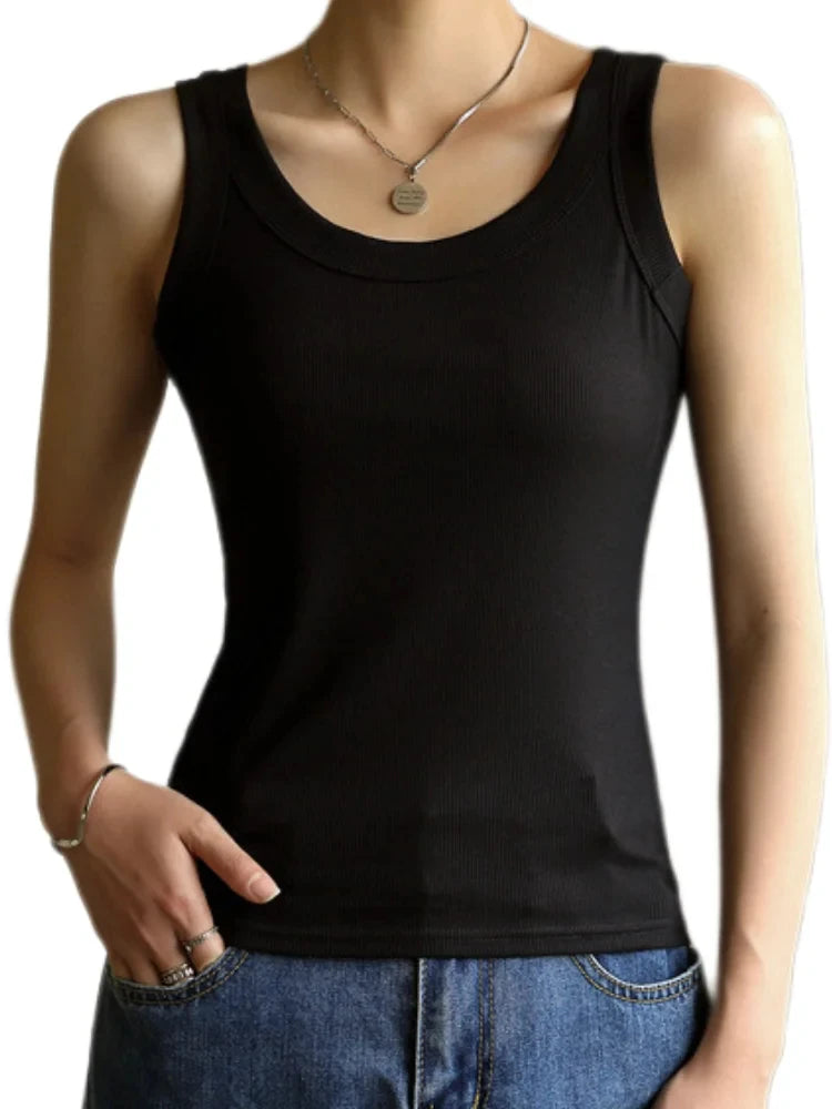 Women Square Collar Wide Straps Fitness Sexy Knitted Tank Top Camisole Solid Color Breathable Cool Vest Summer Trend Tops Female