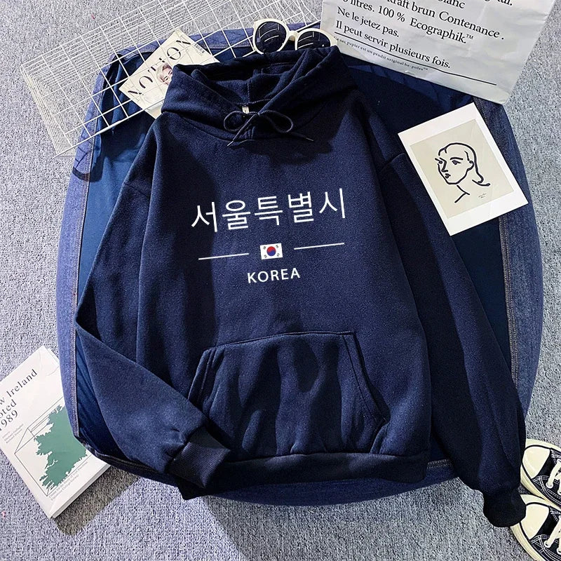 Seoul Korea Print Hoodie Woman High Quality Hoode Long Sleeve Pullover Fall Winter Female Daily Casual Sport Loose Sweatshirt