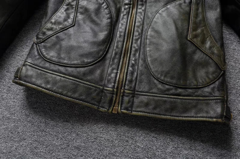 American Leather Jacket Men's Motorcycle Jacket Retro Distressed Graphite Olive Green Slim Lapel Jacket New Style