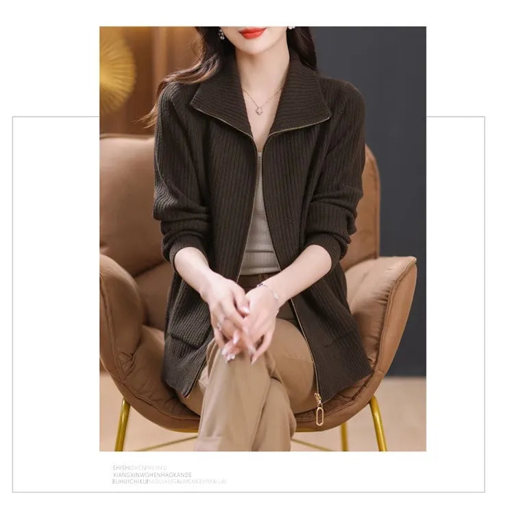 Knitted Cardigan Jacket Women Zipper Lapel Sweater Autumn Winter Outerwear