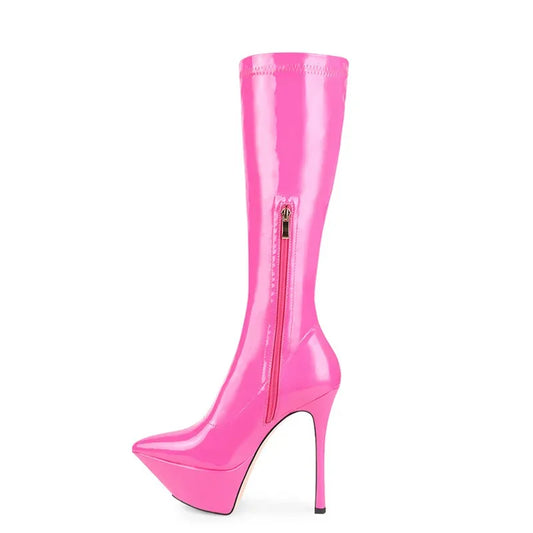 New Women Knee High Boots Patent Leather Pointed 15cm High Heels Winter Short Plush Waterproof Platform Girl Boots Large 34-45