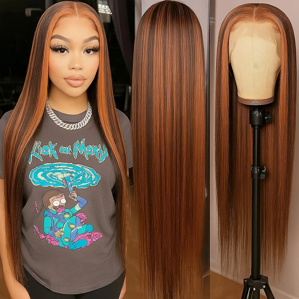 1B/30 Highlight Omber Brown Colored Wigs Human Hair 30 Inch High Density 13x4 Bone Straight Hd Lace Front Wig Human Hair On Sale