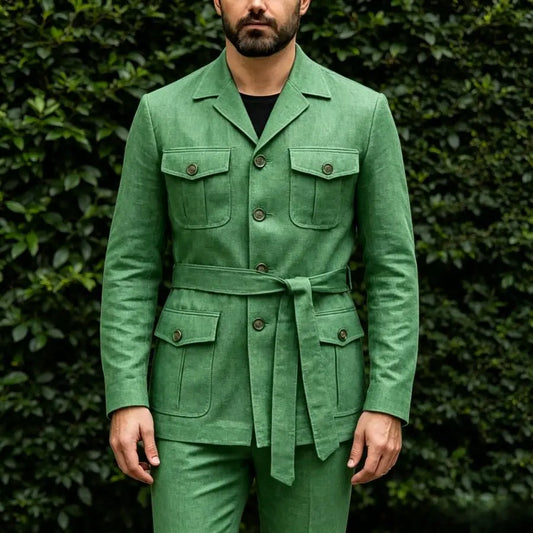Men's Linen Safari Suit 2 Pieces Single Breasted Male Fashion Suits Custom Jacket Pants For Groom Wedding Tailored Set 2026