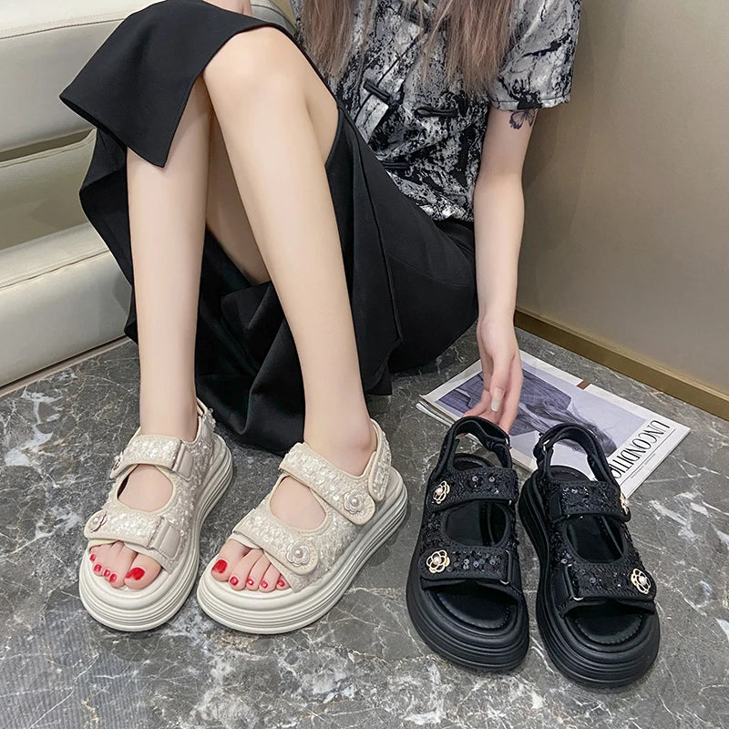 Women's Platform Sandals Handmade Leather Rubber Bottom Flat Sandals Metal Decorative Element Summer Casual Ladies Outdoor Shoes