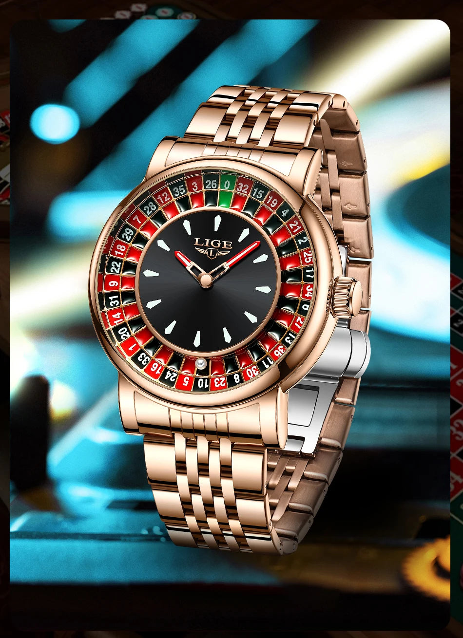 LIGE 2025 Creative Luxury Watches Men Roulette Game Dial Fashion Mens Watch Waterproof Luminous Steel Quartz Wristwatches Relojs