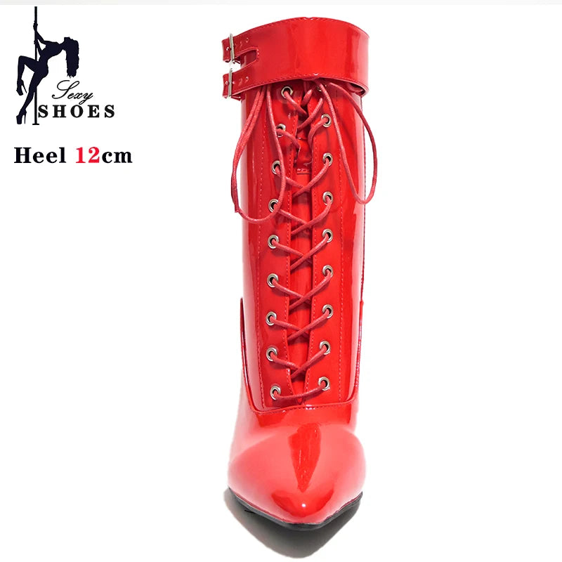 Cross-tied Pink Pointed Toe Ankle Boots 12cm Sexy Fetish Stripper Shoes Patent Leather ZIP Short Boots Women Heels Plus Size 46