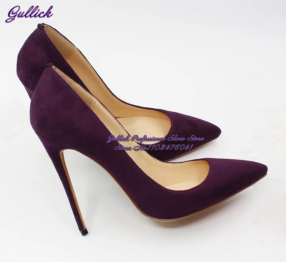 Gullick Women Hot Pink Suede High Heel Shoes 12Cm 10Cm 8Cm Stilettos Slip-On Pointed Toe Wedding Shoes Shallow Pumps Size45