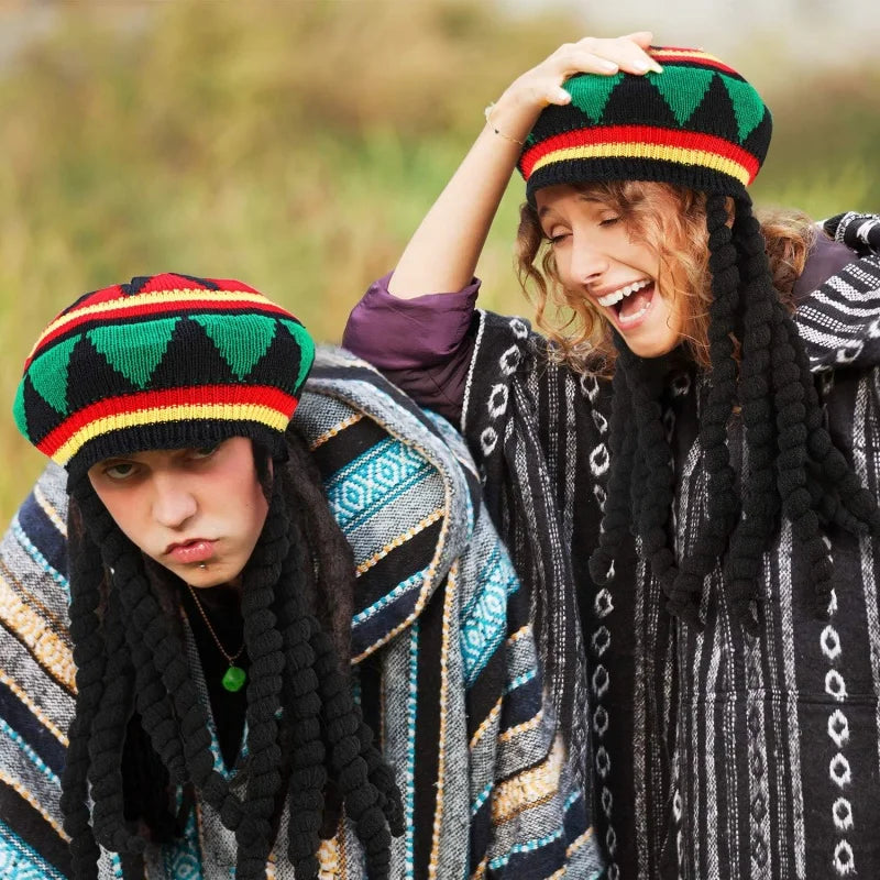 Unisex Synthetic Wig Knit Braid Hat Jamaican Bob Rasta Beanie Cap Dreadlocks Wig Bob Marley Caribbean Hip Hop Cosplay Headwear
