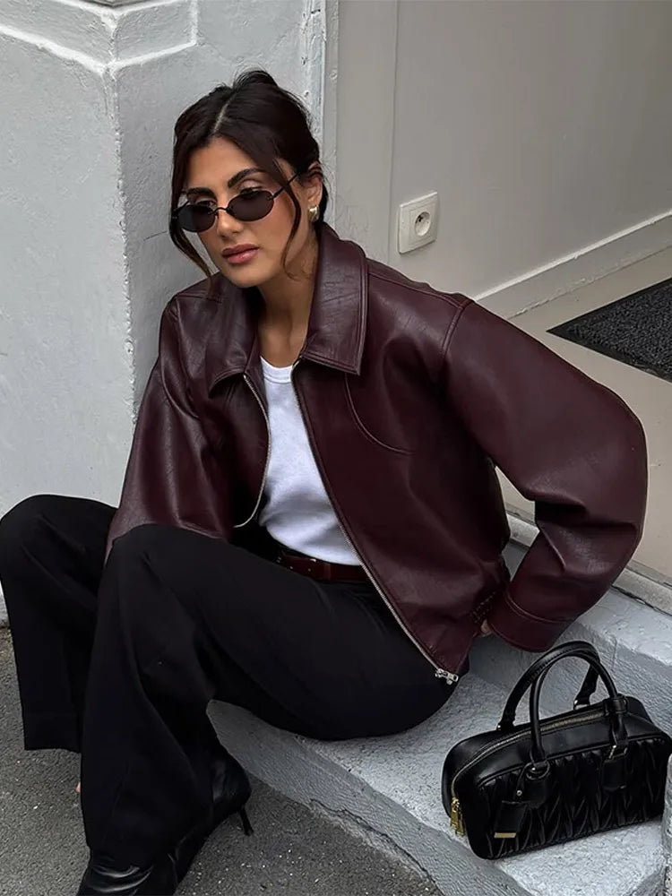 Casual Dark Red  Zipper Leather Short Jackets Women Long Sleeve Lace Up Lapel Loose Button Coat Lady Daily High Street Wear 2026