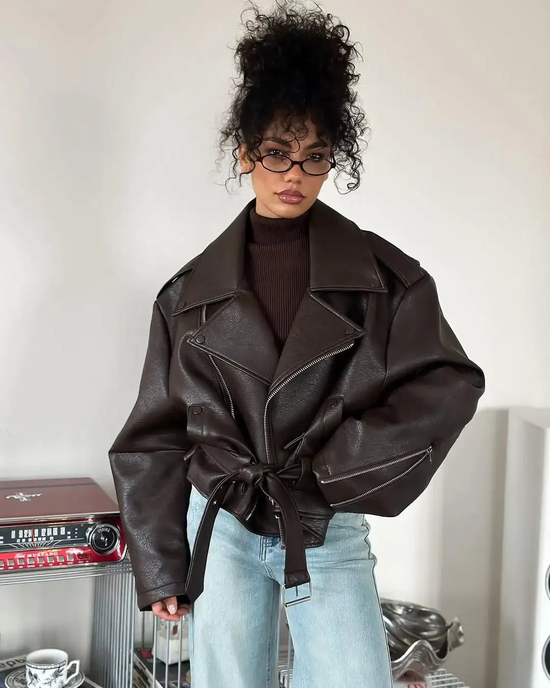 Casual Dark Red  Zipper Leather Short Jackets Women Long Sleeve Lace Up Lapel Loose Button Coat Lady Daily High Street Wear 2026
