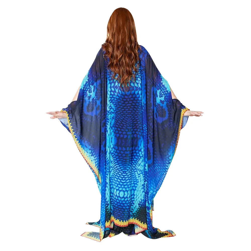 African Dresses for Women See-Through Chiffon Sexy V-neck Bohemian Printing Maxi Dresses Africa Kimono Bikini Holiday Beachwear