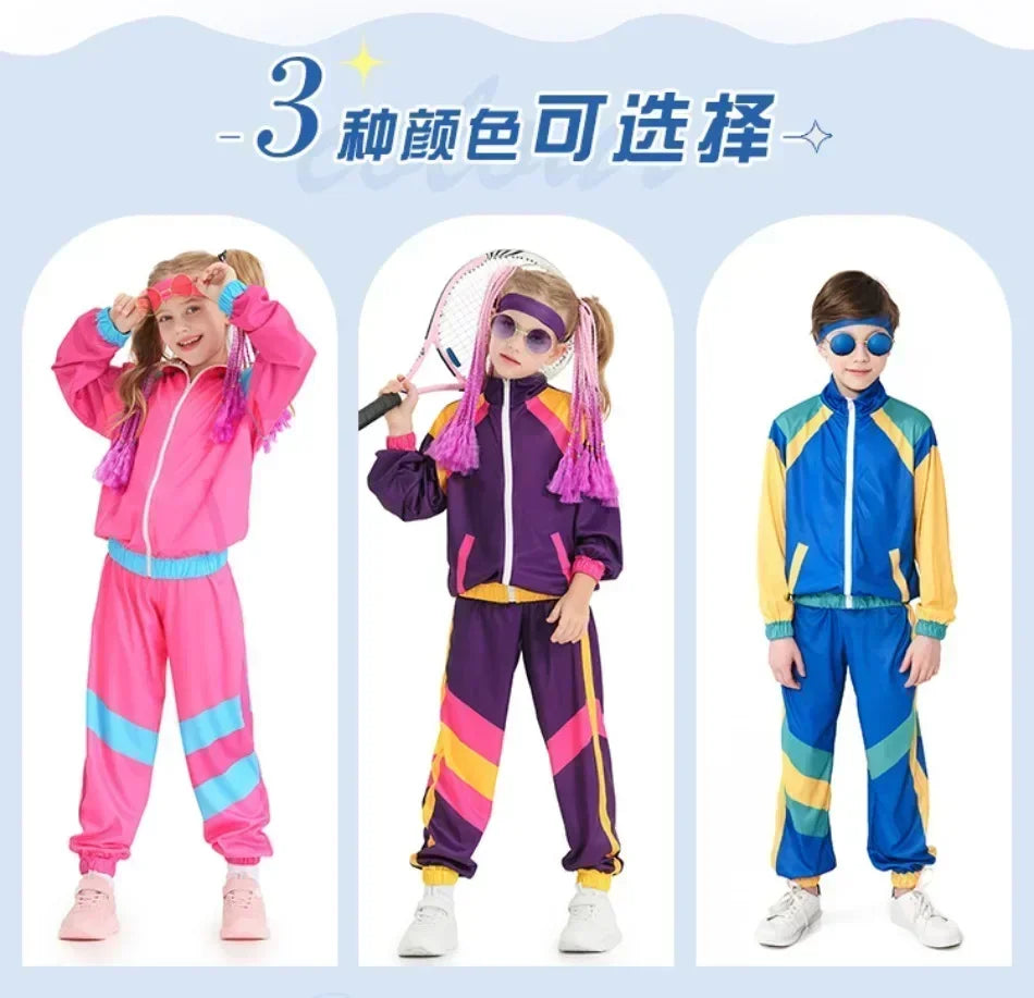Kids Boys and Girls 80s 90s Sportswear Suit Retro Disco Hip Hop Costume Fashion Patchwork Long Sleeve Zipper Coat Trousers Suit