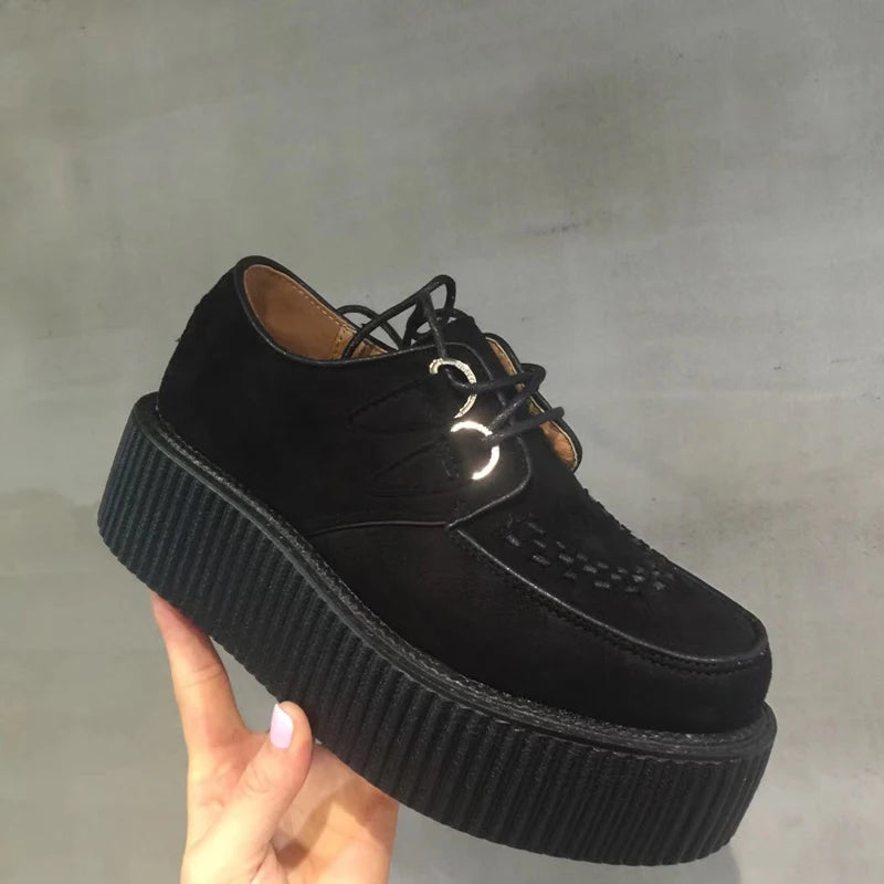Black Harajuku Shoes Classic Lace UP Wedge Heels Platforms Creepers Punk Shoes Casual High Heels Women Platform Shoes