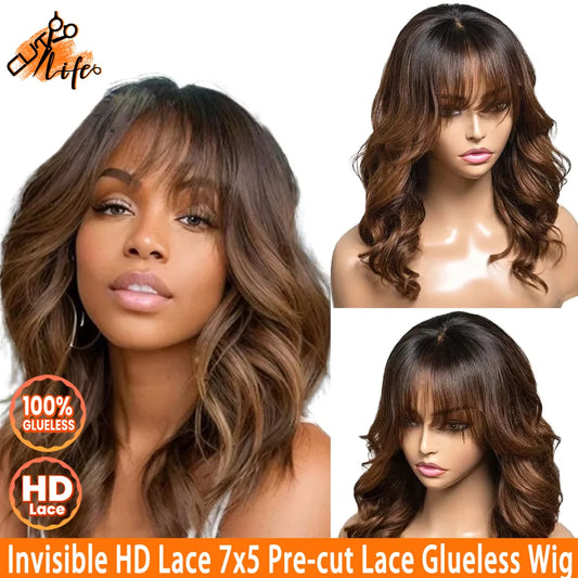 HD Lace Pretty Ombre Brown Body Wave Wig With Bangs 7x5 HD Lace Glueless Wig Cheap Human Hair 4x4 5x5 Invisi HD Glueless Wigs