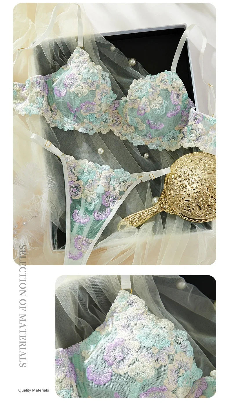 Lingerie Sexy Delicate Underwear Bra and Panties Lace Embroidery Set Fairy women Beautiful Brief Sets