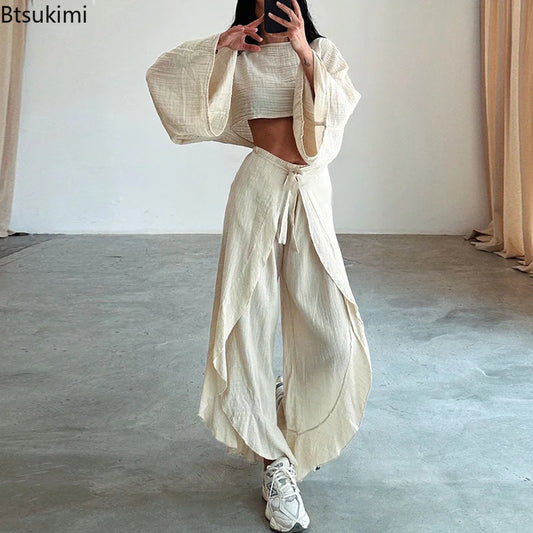 New Women's Casual Cotton Linen Sets Summer O Neck Crop Tops+Lace-up Ruffle Pants Outfits Ladies Flare Sleeve Hollow 2pcs Sets