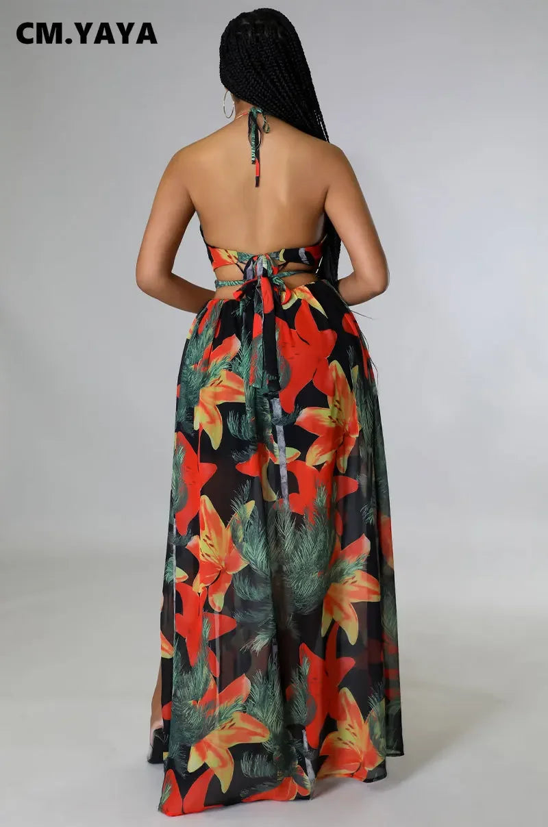 CM.YAYA Elegant Women Floral Halter V-neck Backless Cut Out Waist Chain Sleeveless High Side Split Fit Flare Maxi Long Dresses