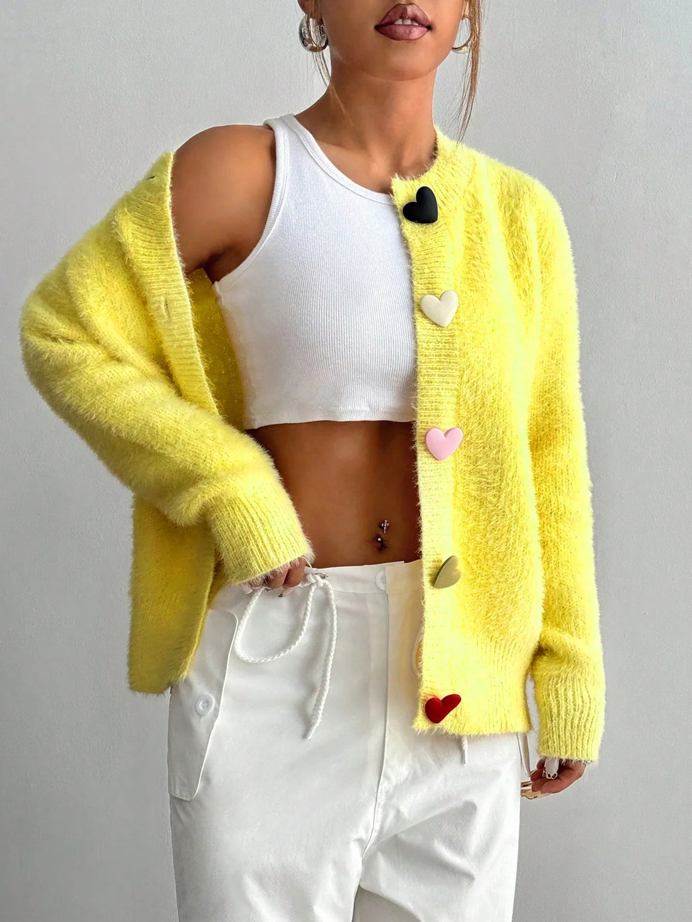 Autumn Winter Fashion Yellow Cardigan Women Heart Button Long Sleeve Knit Sweater Outerwears