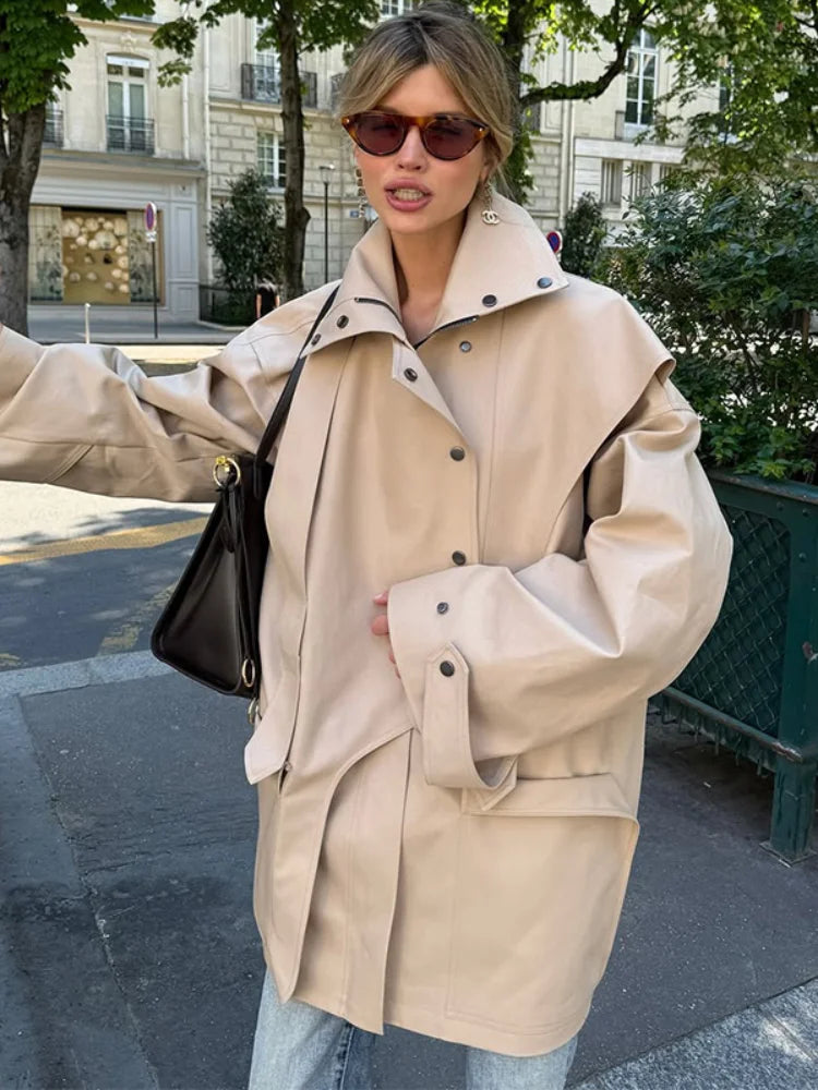 Solid Oversized Tie-waist Cropped Trench Coat Women Drop Shoulder Outerwear 2026 Lady Spring Modern Edgy Fashion Streetwear Coat