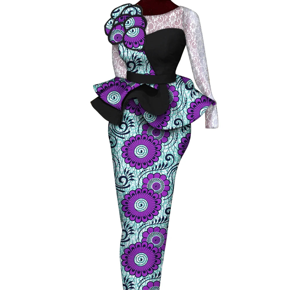 African Skirt Sets Women Suit Long Straight Skirts and Tops with Lace Decoration Bazin Riche Traditional African Clothing WY6195