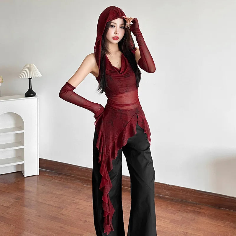 Streetwear 90s Grunge Mesh See Through Hooded Tops Cyber Y2K Irregular Hem Ruffles Hoodie Women Slim Blouse with Cuffs