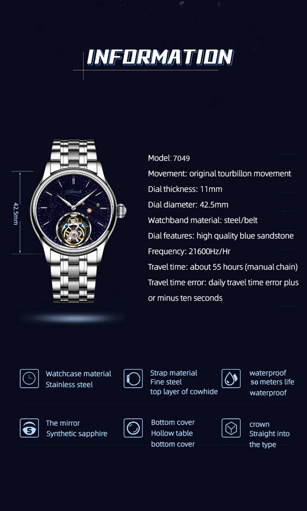 AESOP Flying Tourbillon Skeleton Mechanical Luxury Watches Waterproof Wristwatches Watch Brand For Men Movement Sapphire 2023