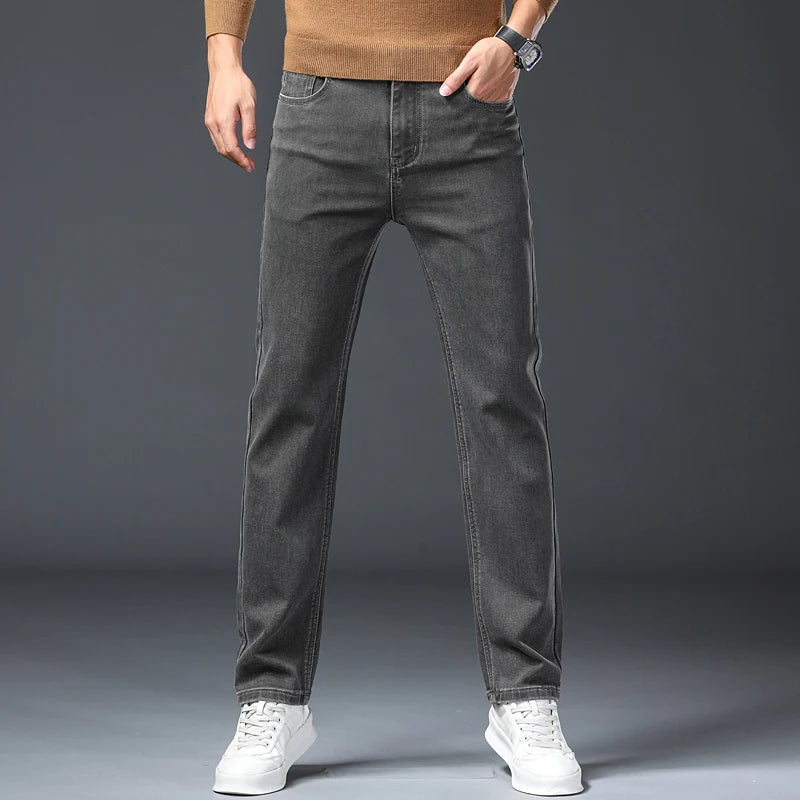 Gray Jeans Men's Fashion Spring Autumn Casual Elastic Trousers Classic Straight Business Work Vintage Washed Denim Pants