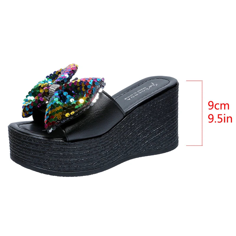 Chunky Platform Colorful Glitter Sandals Women Summer 2025 Super High Heels Big Bowtie Slides Woman Thick Bottom Slippers Shoes